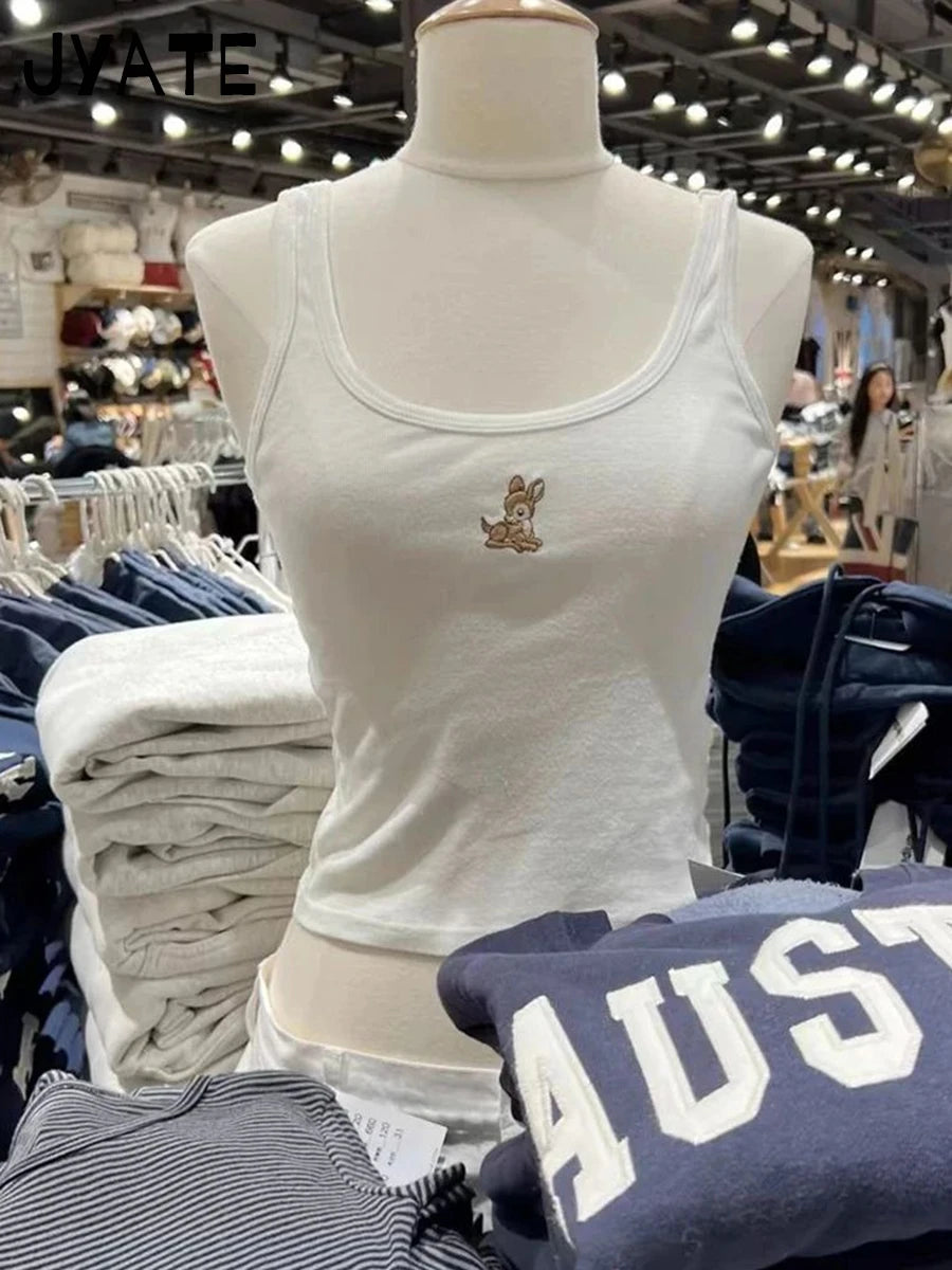 Fashion Little Deer Embroidery Tank Tops Women Summer New Cotton Slim U-neck Slim Cropped Vests Sweet Chic Casual Camisole Y2K