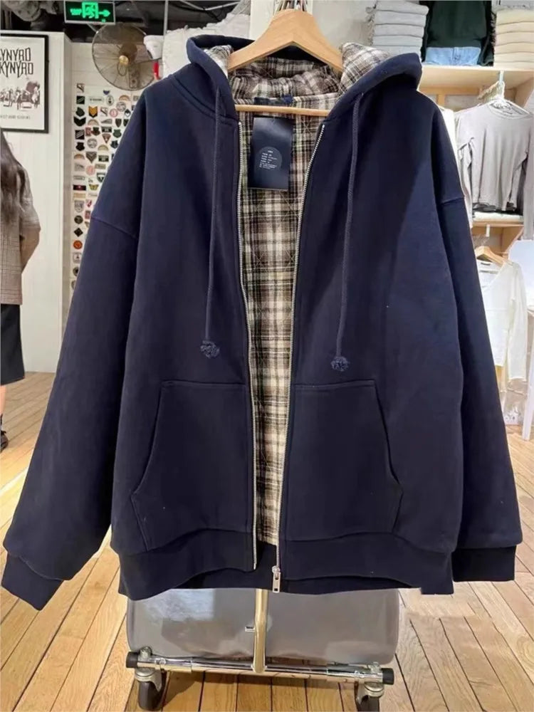 Plaid Print Thick Hoodie Coat Women Autumn Pockets Zip-up Drawstring Classic Pullover Tops Vintage Harajuku Y2K Chic Sweatshirts