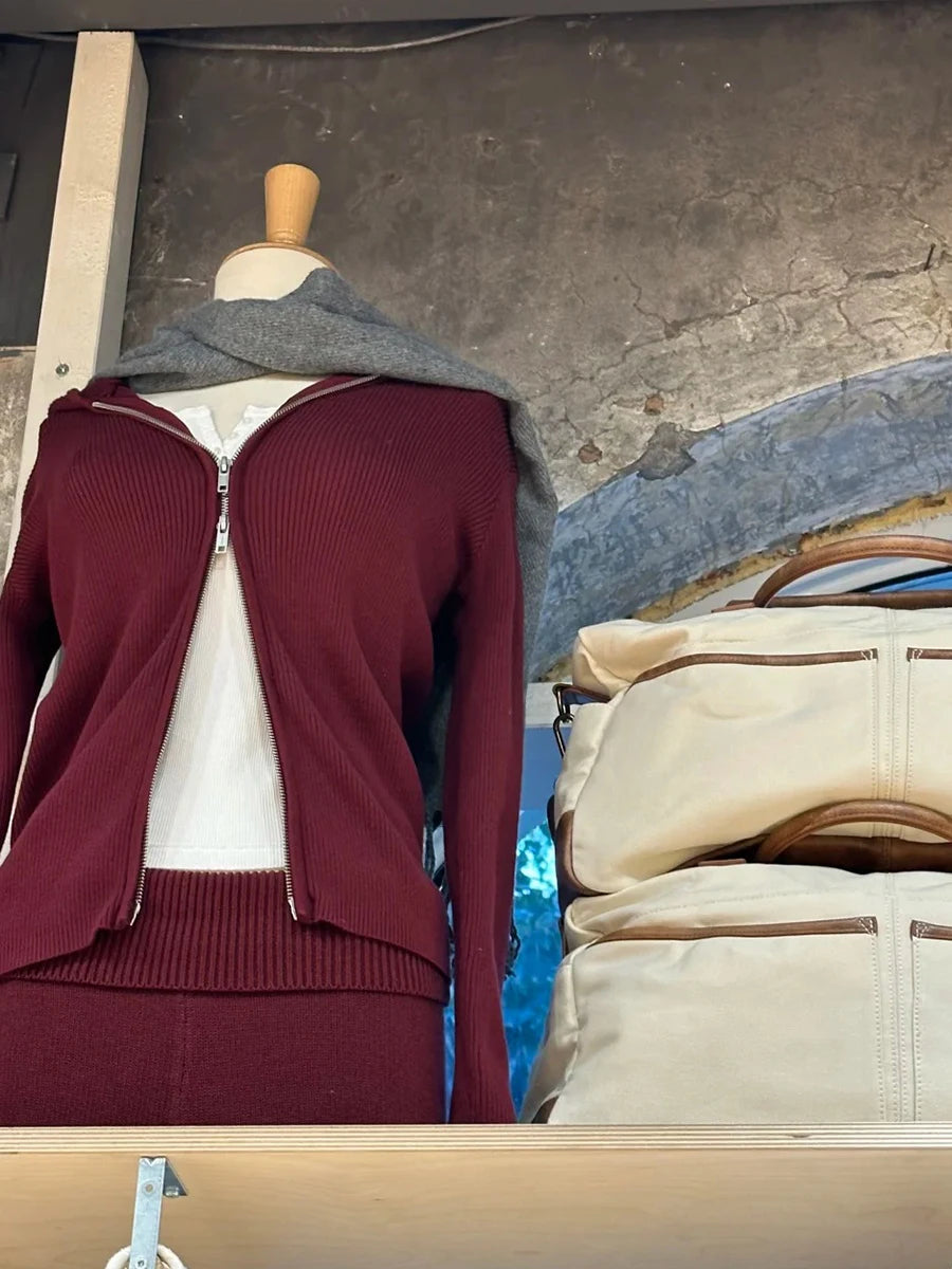 Burgundy Knitted Hoodies Tops Women Autumn New Casual Cotton Double Zipped Jumpers Coat Vintage Chic Basic Cardigan Sweaters Y2K