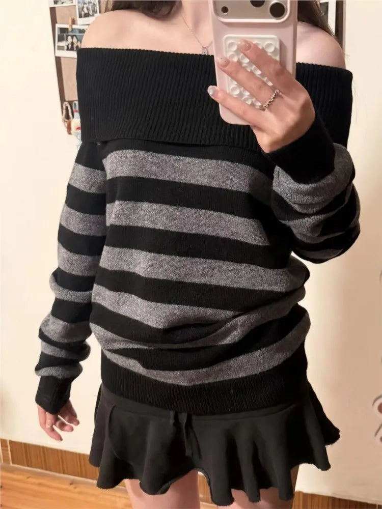 Slash Neck Striped Sweaters for Woman Spring Black Grey Long Sleeve Knitted Pullover Top Casual Vintage Preppy Style Jumper