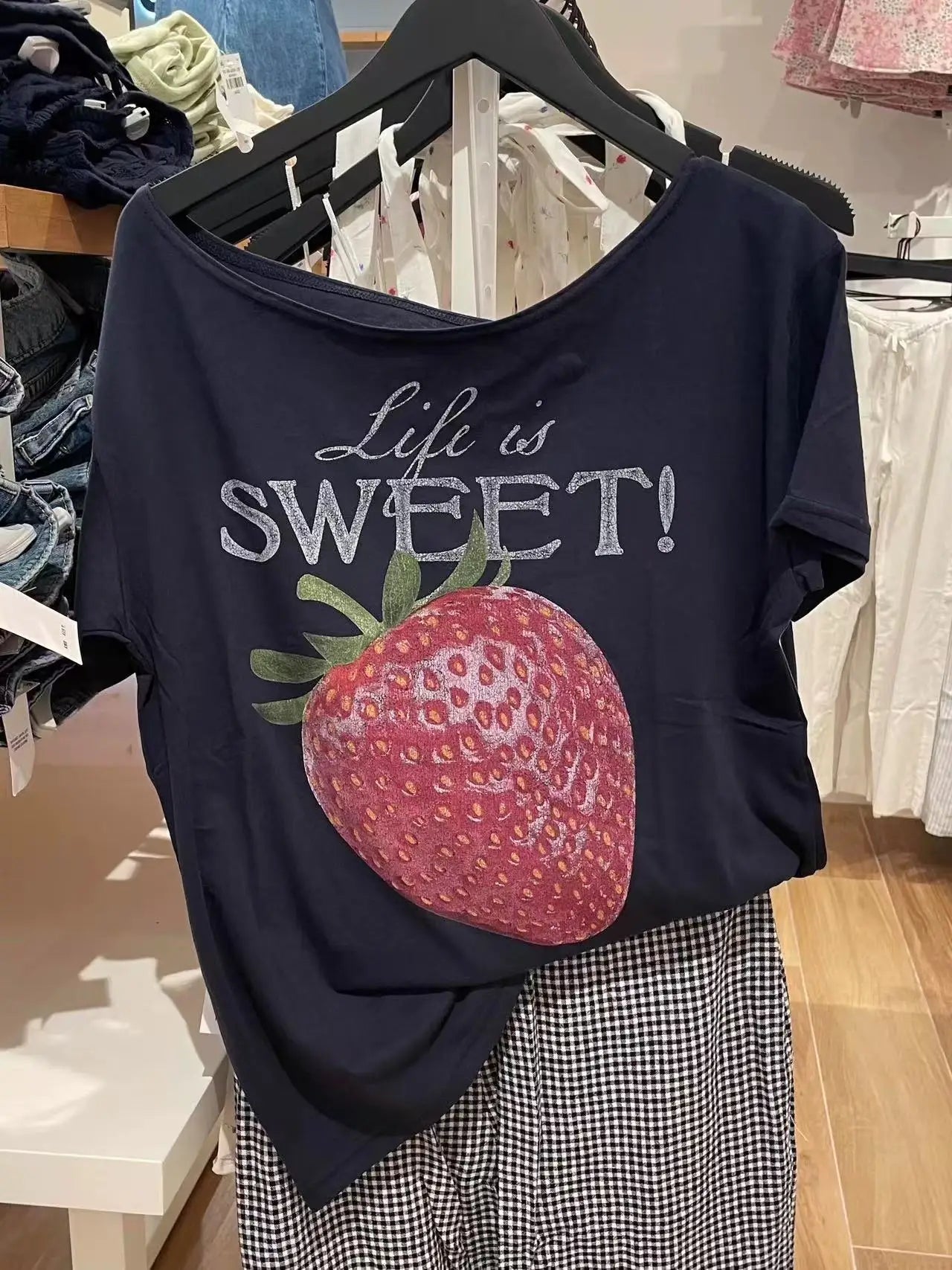 Strawberry Print Cotton T-shirts Women Summer Sexy Slash Neck Loose Short Sleeve Tees Female Sweet Streetwear Preppy Style Tops