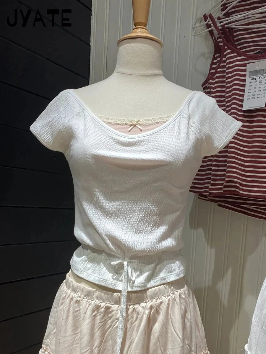 Mint Green Folds Slim T-shirts Women Summer Vintage Square Collar Cotton Puff Sleeve Tees Female Aesthetic Sweet Cute Y2K Tops