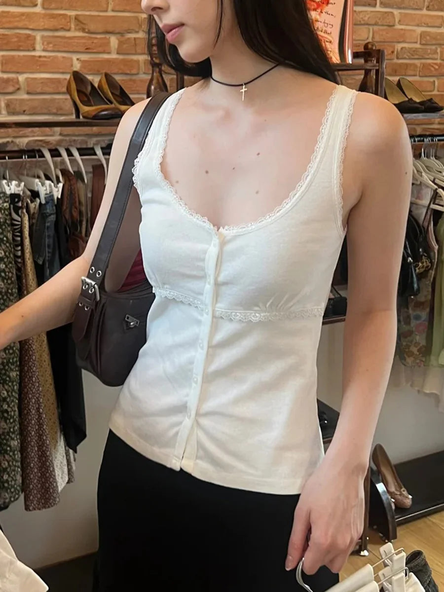 New White Lace Trim Slim Tank Tops Women Casual Cotton U-neck Buttons Sleeveless Cardigan Vests Sweet Preppy Style Cute Camisole