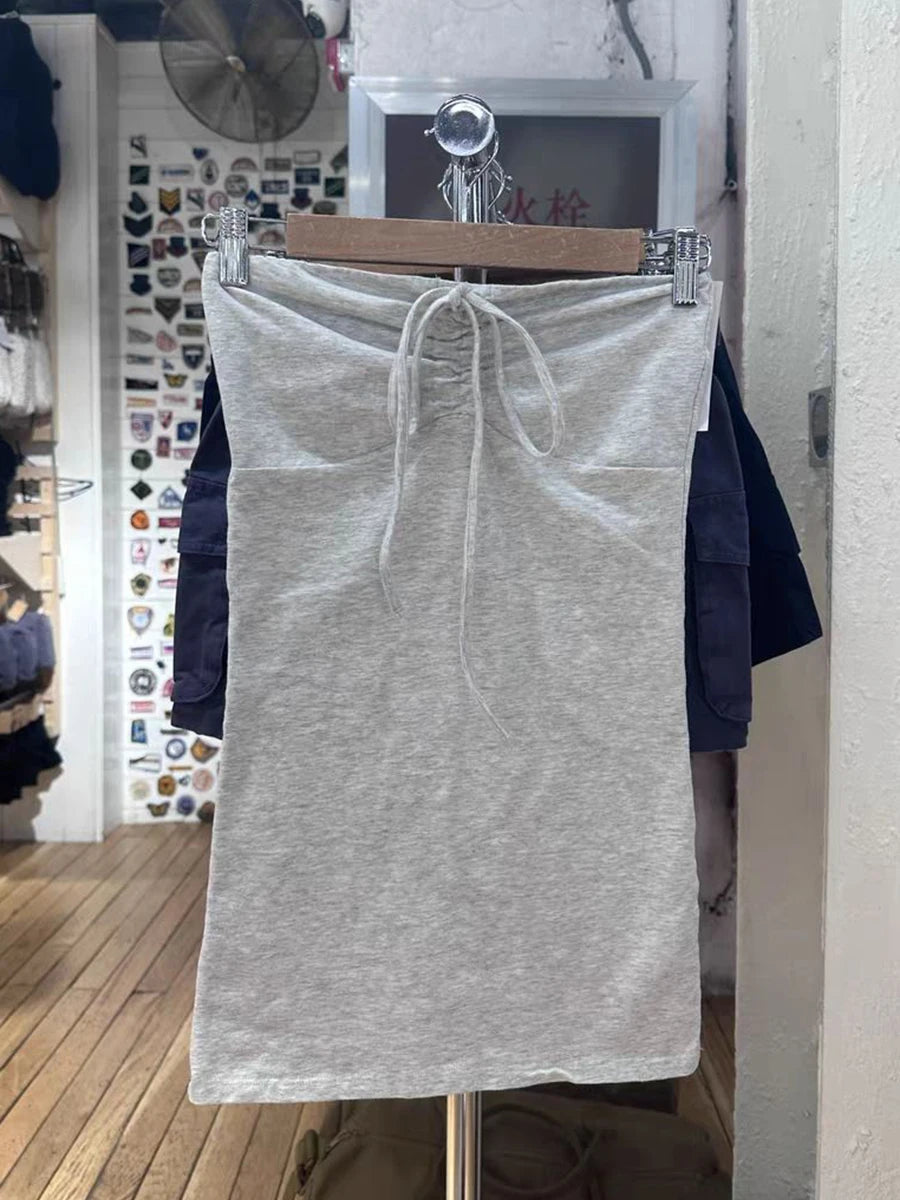 Cute White Drawstring Folds Strapless Tank Top Women Summer Cotton Slim All-match Camis Female Sweet Preppy Style Vest Y2K Tops