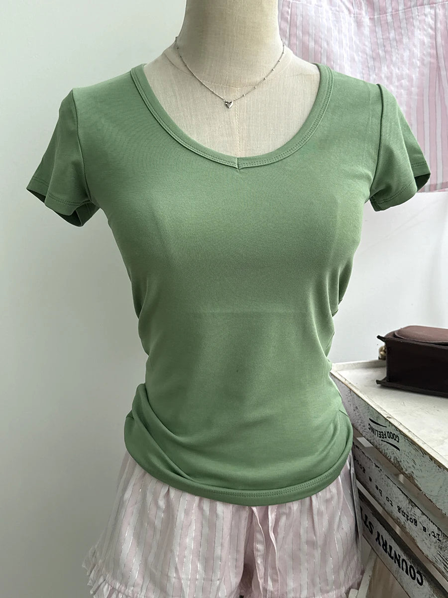 Sweet Gray Lace Trim V-neck Short Sleeve Tee Women New Cotton Casual Simple Slim Tops Clothes Vintage Basic Preppy Style T-shirt