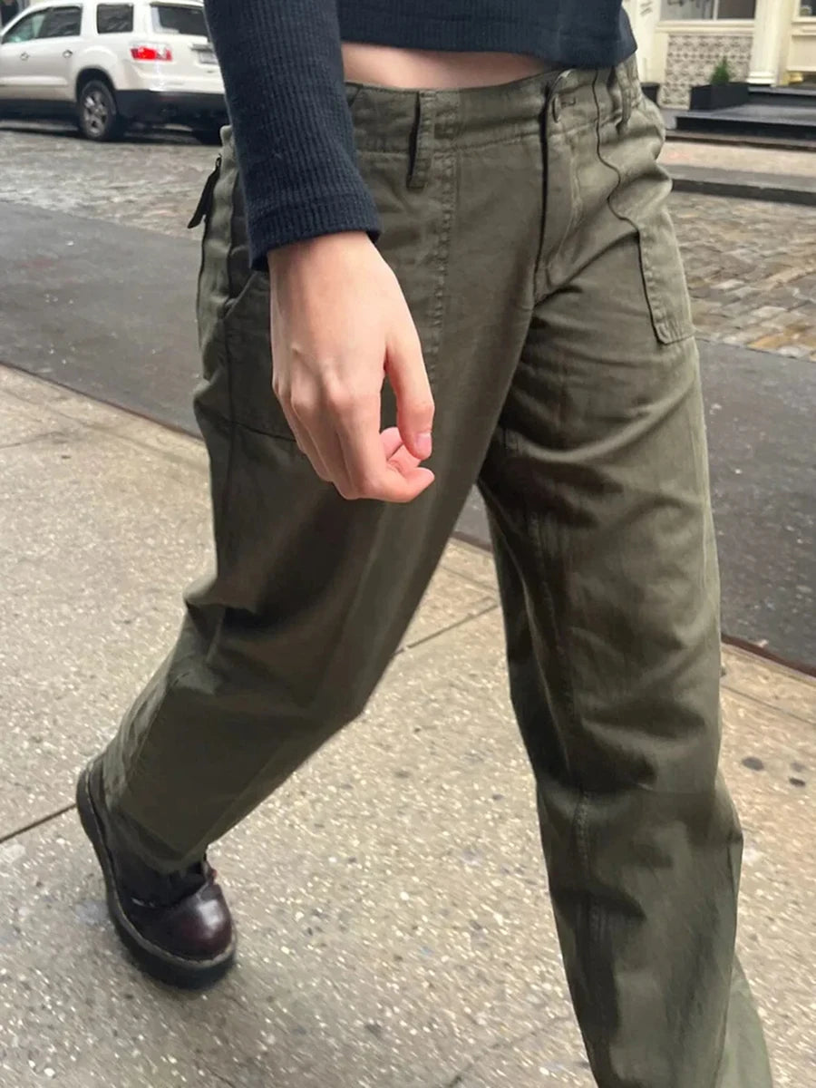 Army Green Retro Pockets Low Waist Straight Pants Women Spring Streetwear Casual Cargo Pant Vintage Harajuku Baggy Y2K Trousers