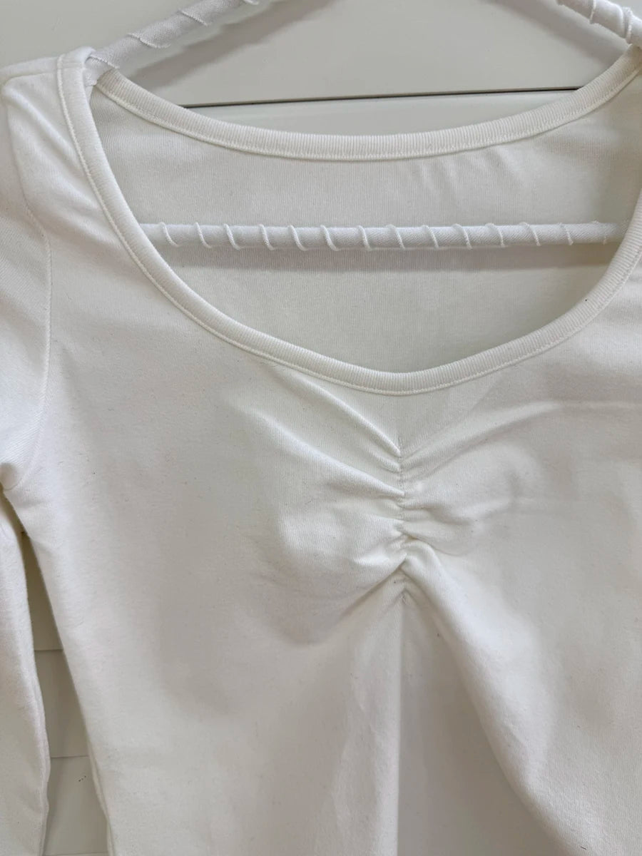 Solid V Neck Slim Long Sleeve T-shirts Fashion Tight Folds Basic Crop Top Woman Spring Casual Street Y2K Summer Tees