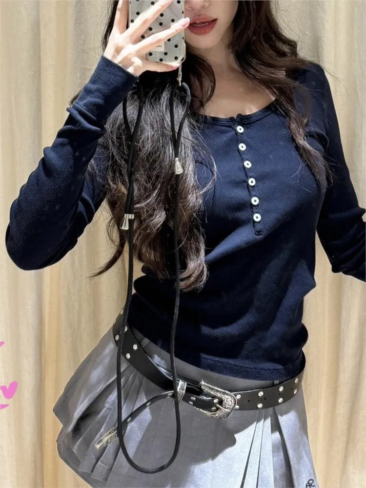 Navy Six ButtonsT-shirts Women Autumn New Round Neck Cotton Ribbed Slim  Long Sleeve Tee Top Casual Vintage Chic Tshirt Y2k Tops