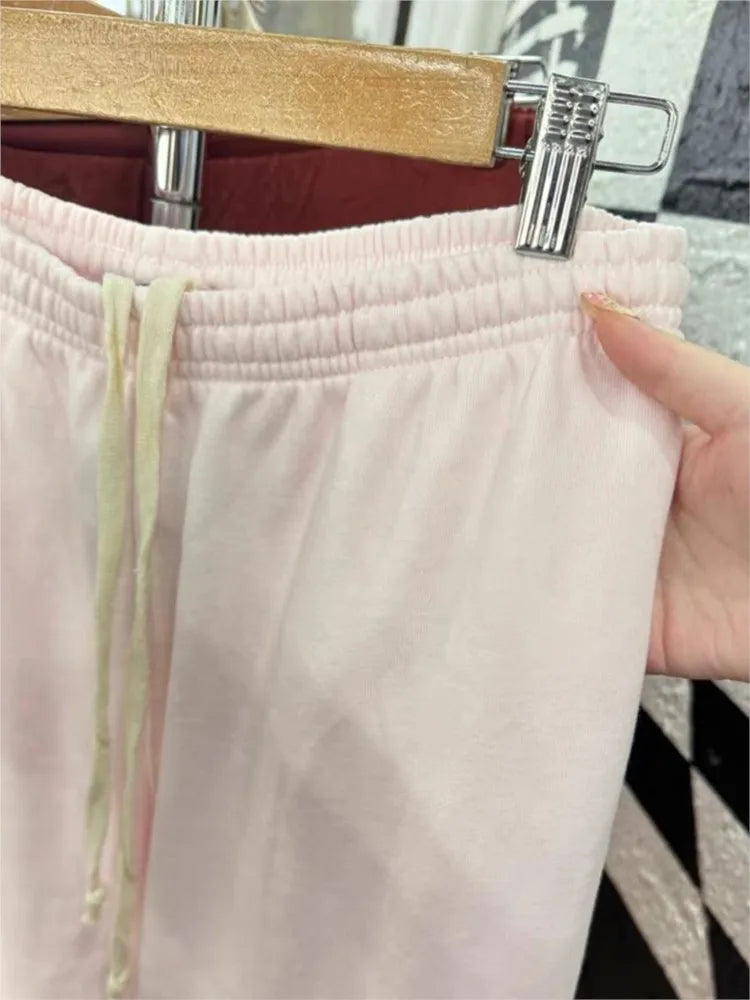 Pink Drawstring Straight Sweatpants Women Autumn Elastic Waist Cotton Loose Trousers Sweet Casual Streetwear Sport Y2K Long Pant