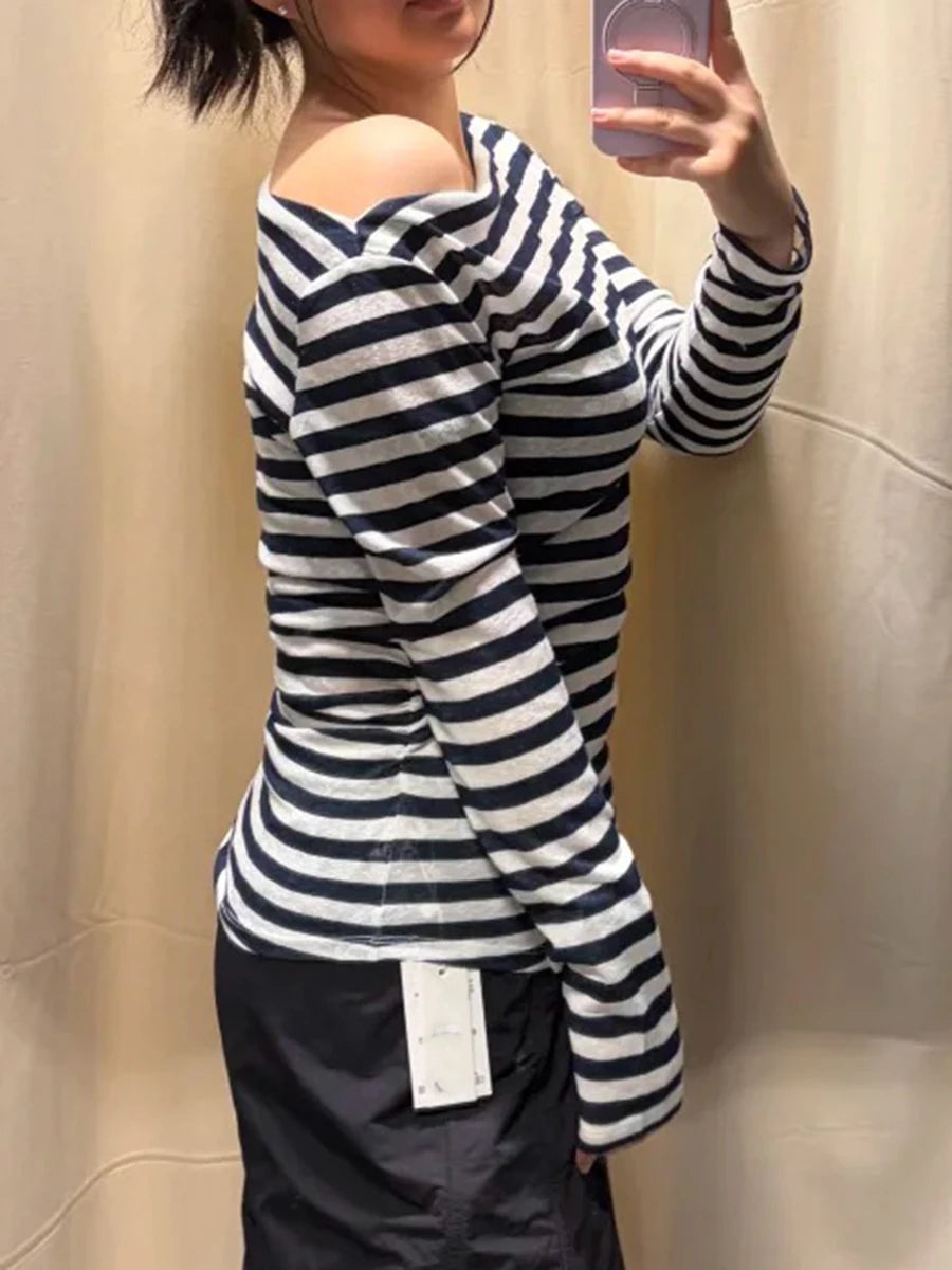 Striped Slash Neck T-shirts Women Casual Streetwear Slim Thin Smock Long Sleeve Tees Vintage Preppy Style Chic Tshirt Y2K Tops