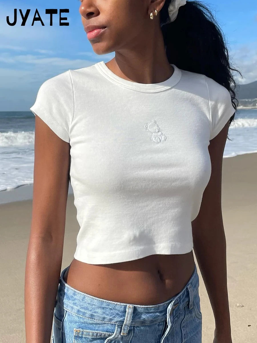 Fashion Heart Bear Embroidery Crop Tops Women 2024 New Cotton Casual Streetwear Short Sleeve Tee Vintage Sweet Cute T-shirts Y2K