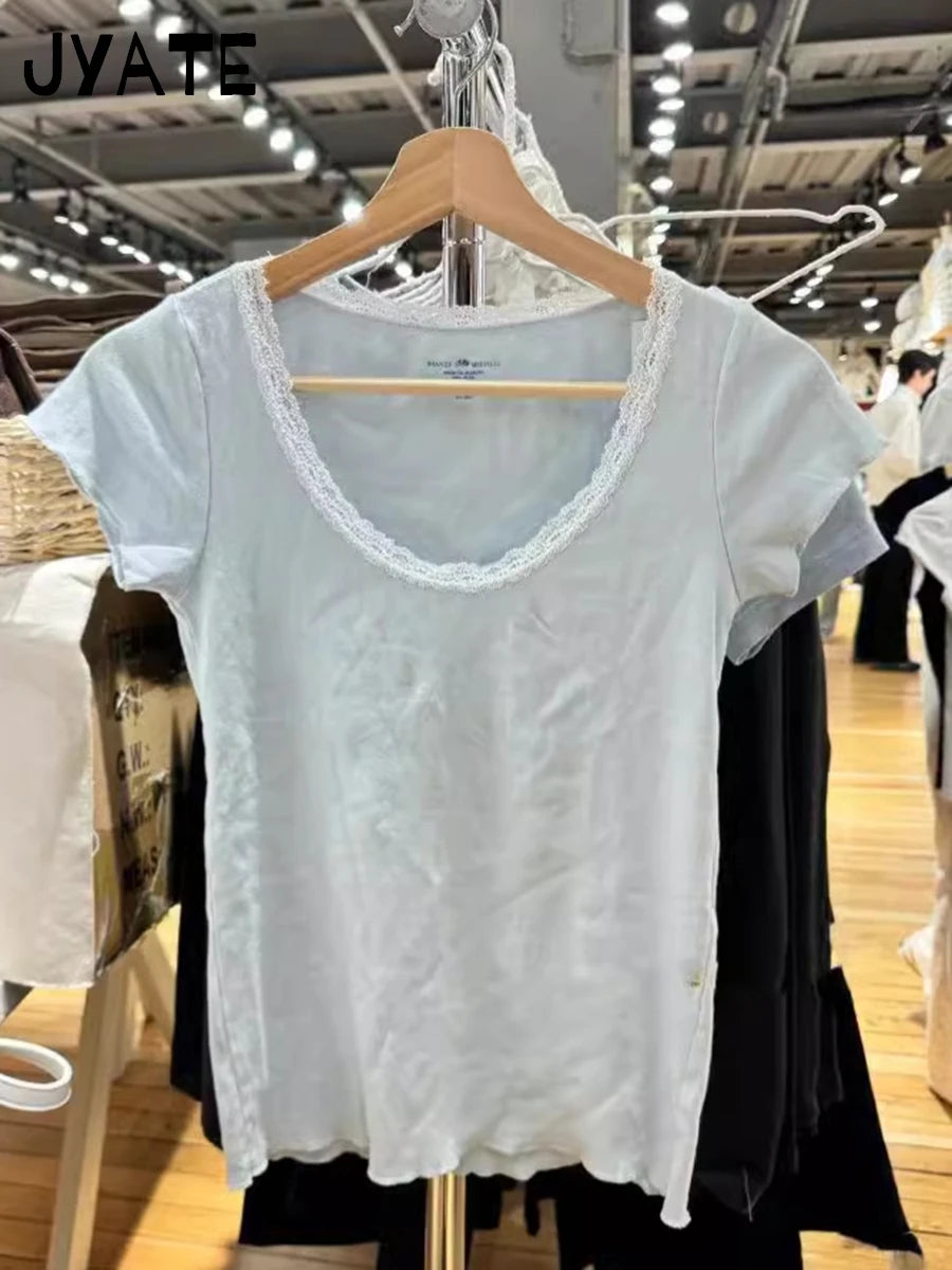 Sweet Lace Trim Pink T-shirts Women Summer New Casual Cotton Soft U-neck Short Sleeve Tees Cute Vintage Preppy Style Tops Y2K