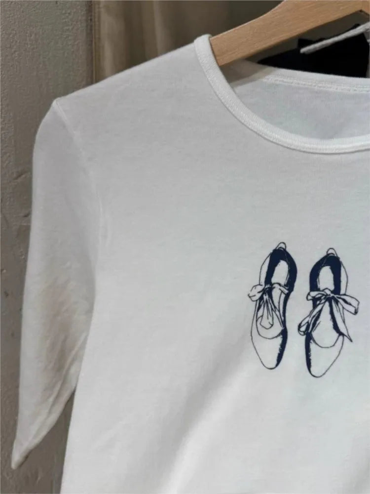 Sweet Ballet Shoes Print Half Sleeve T-shirt Women Autumn Cotton Round Neck Slim Tee Shirt Female Cute Preppy Style Y2K Crop Top