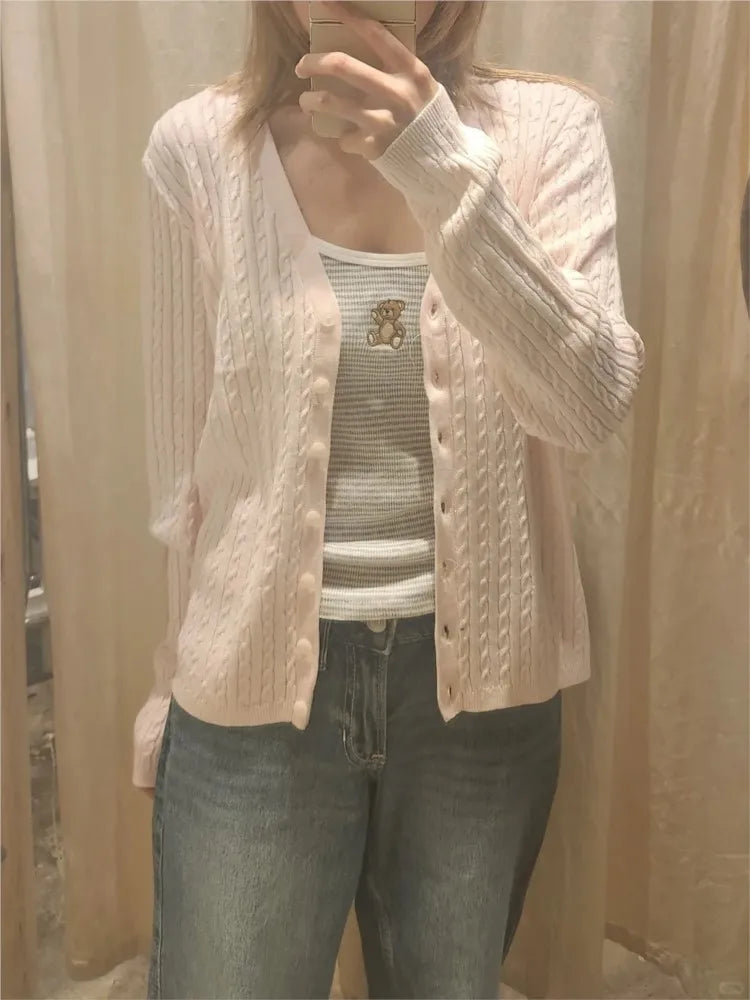 Sweet Pink Twist Cotton Long Sleeve Knitted Cardigan Women Simple V-neck Casual Preppy Style Jumper Prepppy Style Sweater Top
