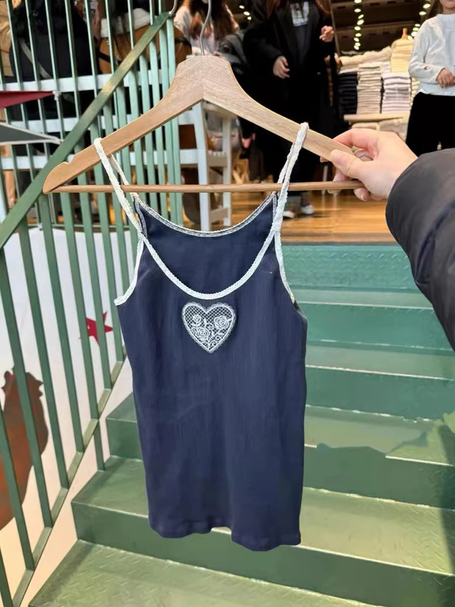 New Flower&Heart Embroidery Navy Tank Top Woman Summer Lace Trim U Collar Cotton Slim Camisole Female Vintage Sweet Camisole Y2K