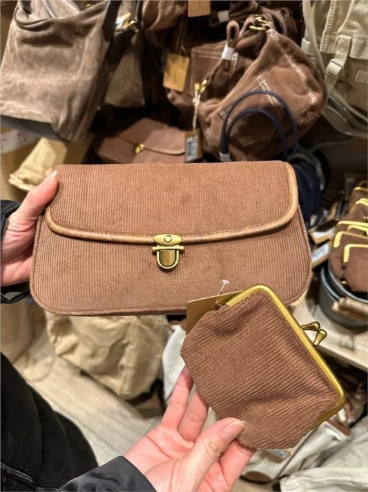 Vintage Corduroy Shoulder Bag Women Autumn Casual High-Quality Buckle Decorate Ladies Handbag Chic Sweet Preppy Style Bags New