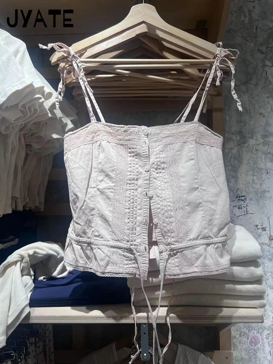 Sweet Pink Hollow Out Strappy Tank Tops Women Summer New Cotton Slim Ruffles Buttons Cropped Vests Vintage Sexy Chic Camis Y2K