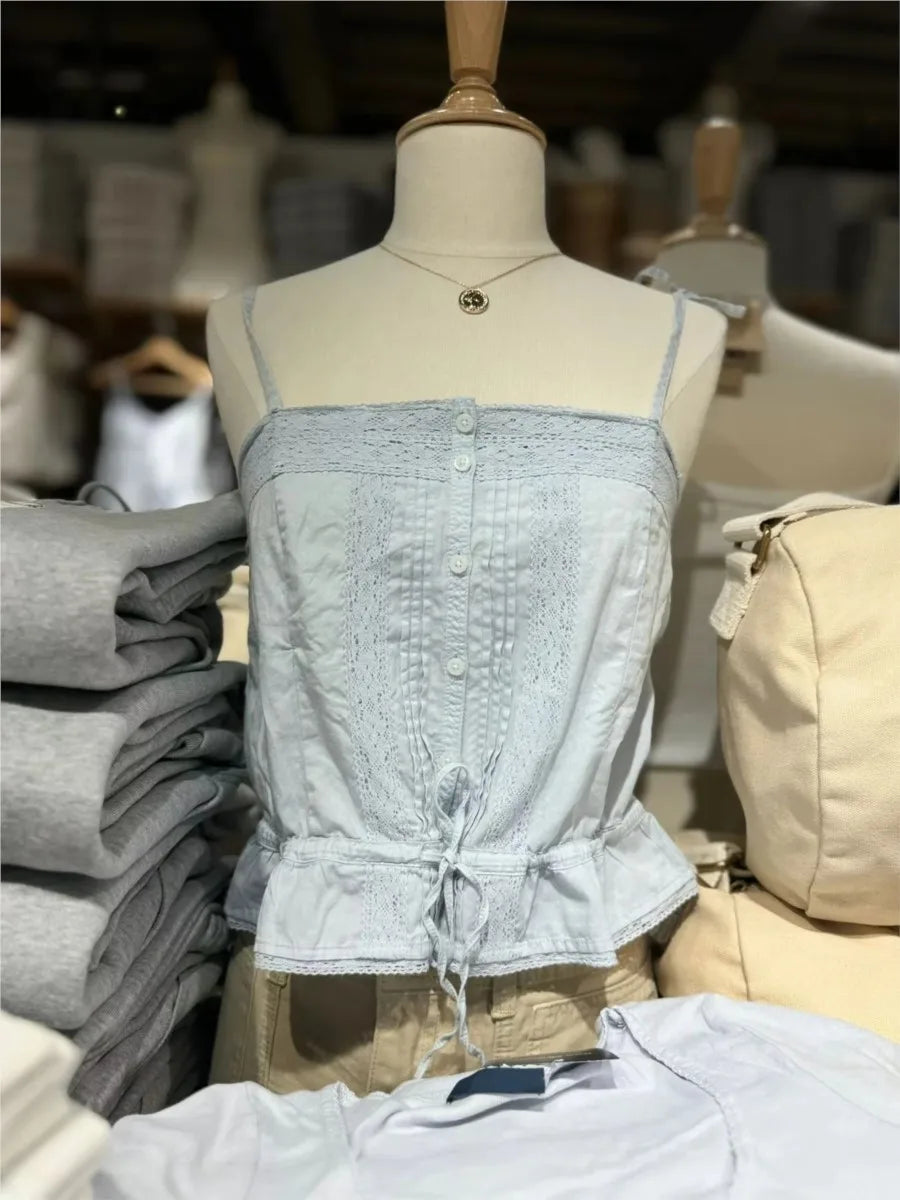 Blue Hollow Out Strappy Tank Tops Women Summer New Cotton Slim Ruffles Buttons Cropped Vests Y2K Sweet Cute Streetwear Camisole