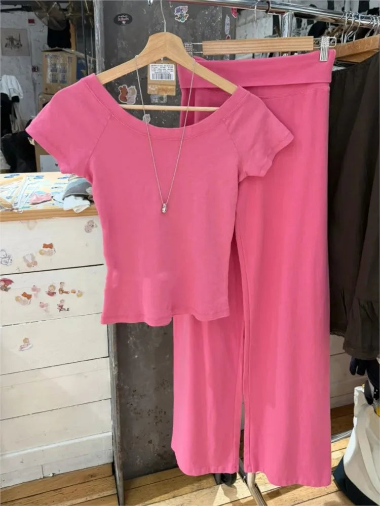 Rose Pink Slash Neck T-shirt Women Casual Preppy Style Slim Short Raglan Sleeve Cotton Tee Shirts Sweet Preppy Style Tshirts Y2K