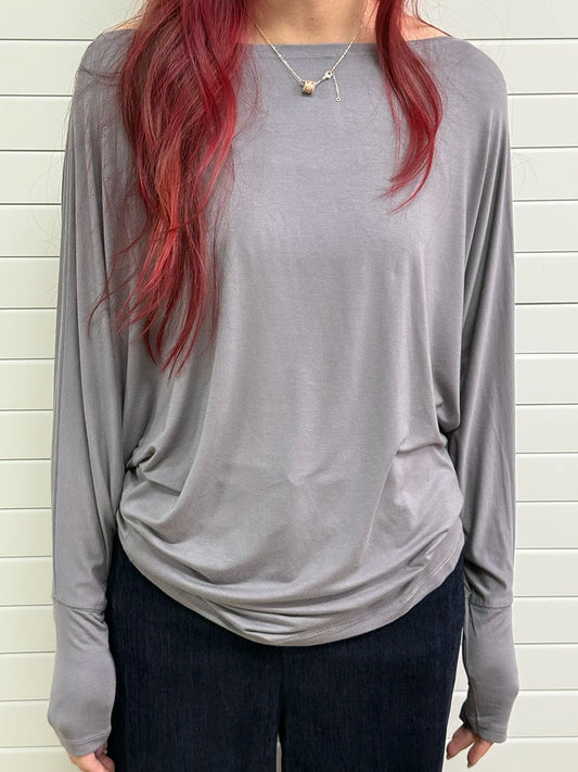 Cement Gray Long Batwing Sleeve T-shirts Woman Sexy Slash Neck Cotton Tee Shirts Female Casual Simple All-match Tshirts Y2k Tops