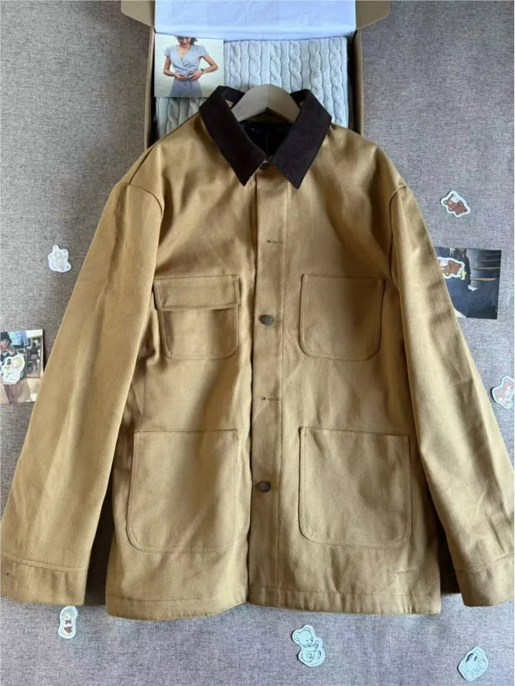 Korean Style Lapel Quilted Coat Women Winter New Retro  Loose Casual Long Sleeve Cardigan Coats Vintage Chic Preppy Style Jacket