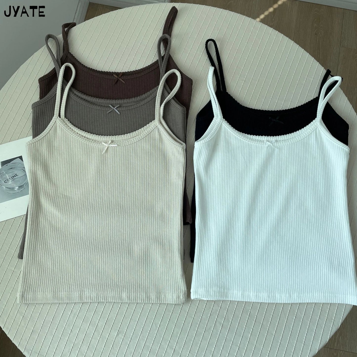 Solid Ribbed Bow O-neck Tank Tops Women Summer New Casual Fashion Slim Sleeveless Cropped Vests Vintage Sweet Cute Camisole Y2K