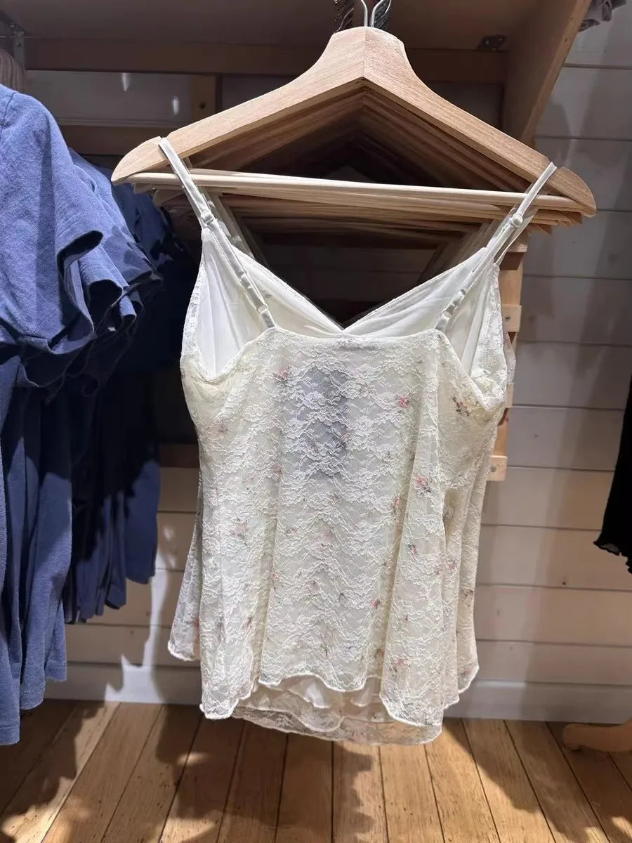 Floral Lace V-Neck Folds Slim Tank Top Women Summer Casual Sleeveless Thin Sleeveless Vest Sweet Vintage  Sexy Crop Tops Y2K New