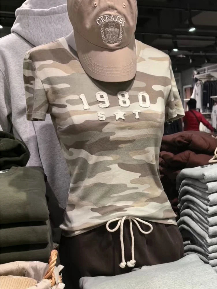 Camouflage Letter Appliques T-shirts Woman Simple O-neck Cotton Short Sleeve Tee Shirts Vintage Streetwear Slim Tshirts Y2k Tops