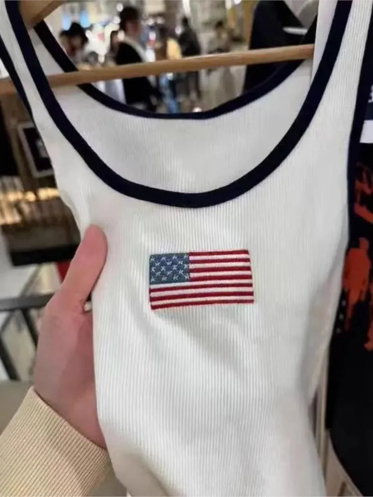 Harajuku Flag Embroidered Ribbed Tank Tops Women Spring New Casual Slim Preppy Style Sleeveless Vests Vintage Chi Y2K Camisole