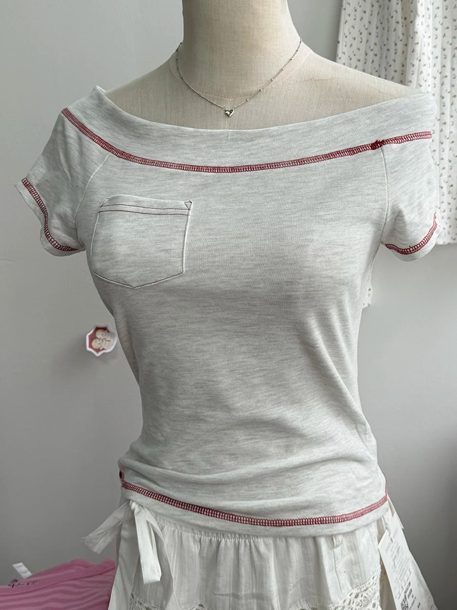 Slash Neck Short Raglan Sleeve Tee Shirts Women Summer Casual Slim Quilted Pocket Cotton Tshirts Sweet Preppy Style T-shirt Y2K