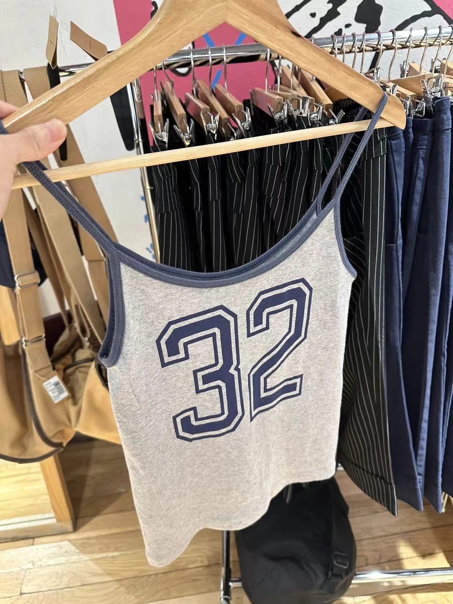 Streetwear 32 Print Gray Slim Crop Top Women New Summer Sleeveless Cotton Cropped Camis American Vintage Tank Tops Y2k Clothes