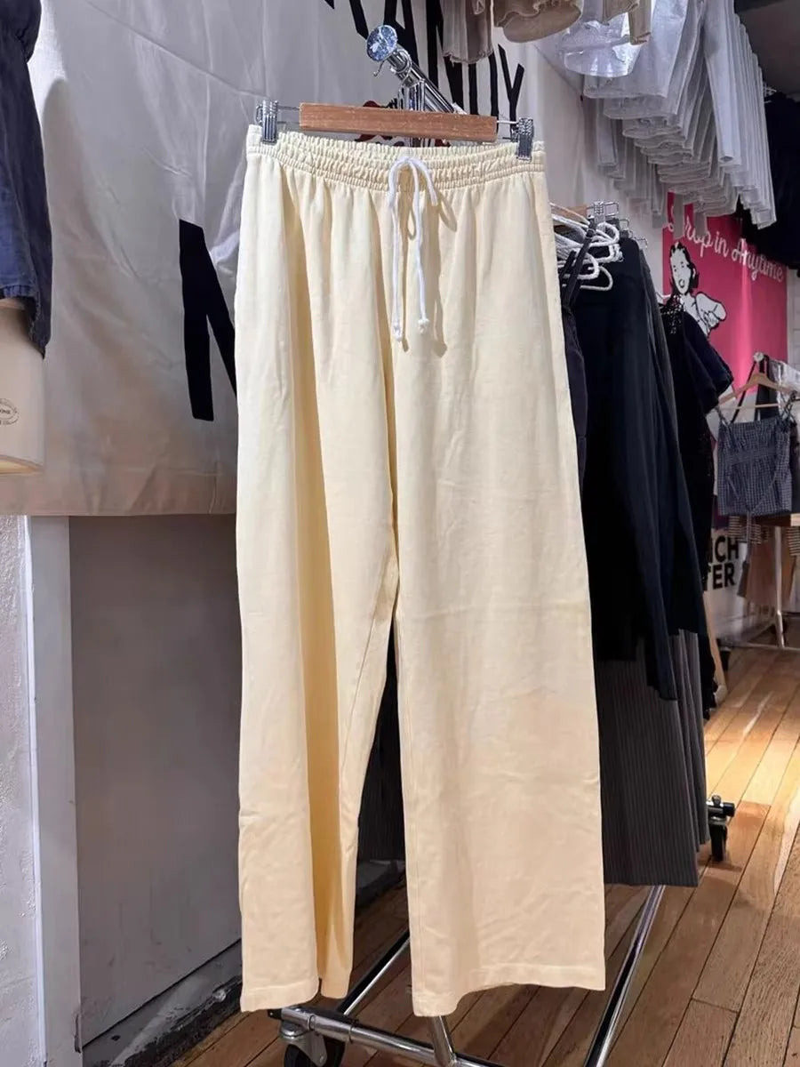 Yellow Cute Drawstring Straight Sweatpants Women New Elastic Waist Cotton Loose Trousers Casual Preppy Style Sport Long Pant Y2K