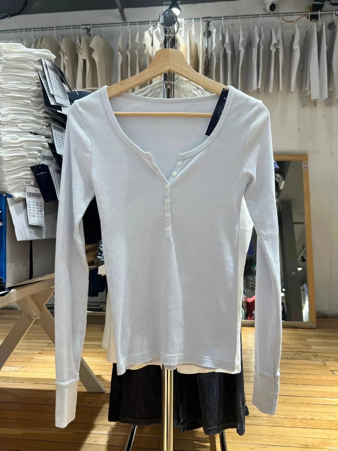 Sweet Blue Ribbed Buttons T-shirt Women Buttons O-Neck Cotton Slim Long Sleeve Tee Cute Vintage Preppy Style T Shirt Y2K Top New