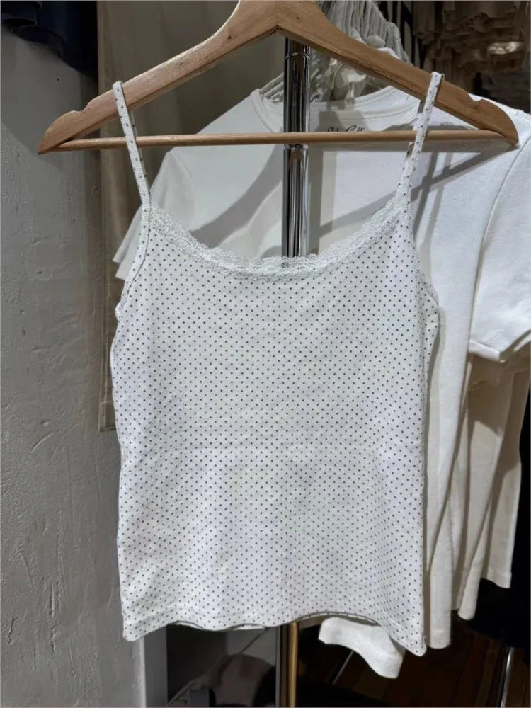 Vintage Dot Eyelet Slim Tank Top Women Summer Lace Trim Sleeveless Cotton Crop Tops Sweet Cute Preppy Style Cropped Camisole Y2K