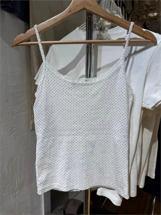 Vintage Dot Eyelet Slim Tank Top Women Summer Lace Trim Sleeveless Cotton Crop Tops Sweet Cute Preppy Style Cropped Camisole Y2K