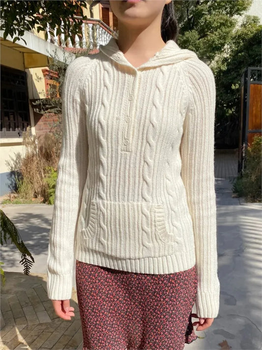 Twist Flower Beige Buttons Slim Sweater Women Autumn Pocket Hooded Long Sleeve Knitted Hoodie Sweet Preppy Style Simple Sweaters
