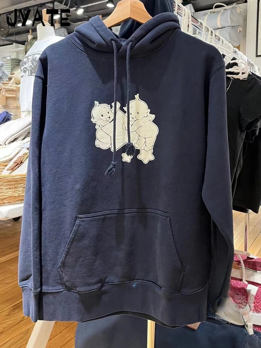 New Sweet Cute Little Bear Embroidery Beige Loose Hoodies Women Pocket Streetwear Cotton Pullover Tops Vintage Chic Sweatshirts