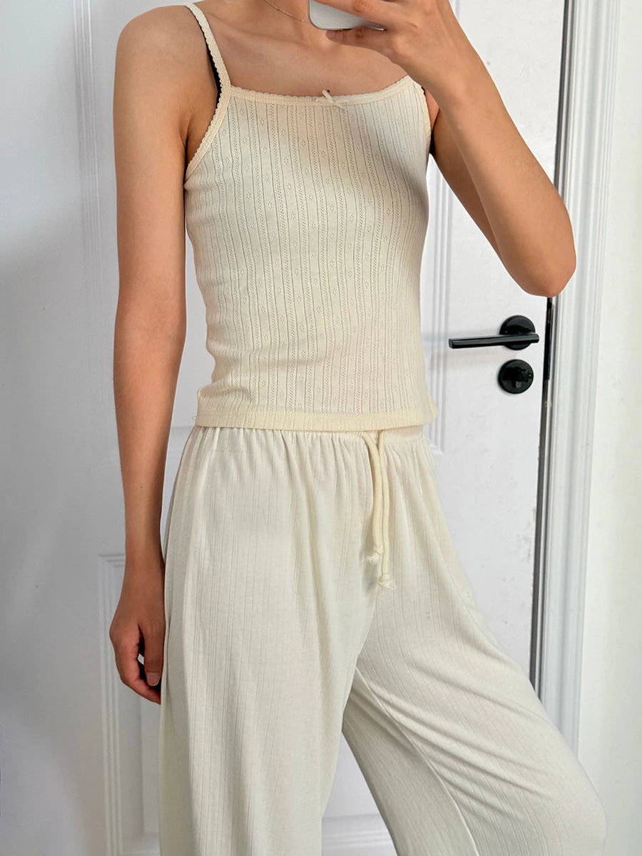 Butter Yellow Eyelet 2 Pieces Sets Women New Cotton Soft Lace Trim Slim Tank Tops+Drawstring Home Long Pant Sweet Pajama Outfits