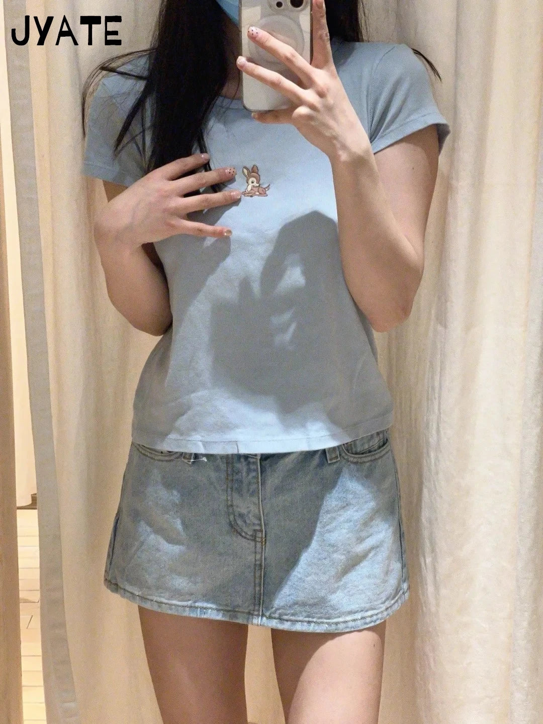 Little Deer Embroidery Crop Tops Women New Cotton Soft Casual Simple Cute Slim Short Sleeve Tees Preppy Style Sweet T-shirts Y2K