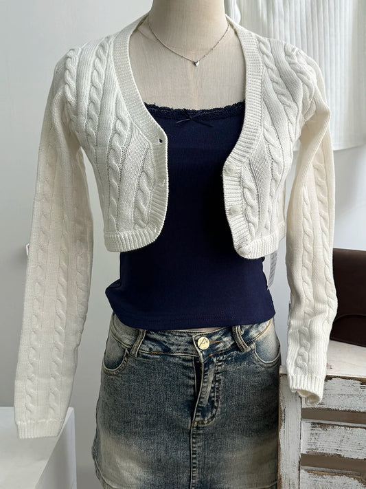 Twisted Flower Cropped Knitwear Women Cotton  V-neck Long Sleeve Slim Crop Tops Sweater Sweet Vintage Chic Zoa Cardigan