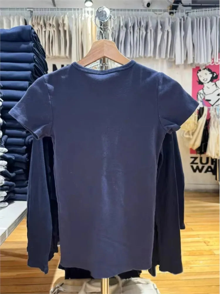 Vintage Flag Embroidery Slim T-shirt Women Summer Navy Cotton O-neck Short Sleeve Tee Shirts Cute Preppy Style Tshirt Y2K Tops