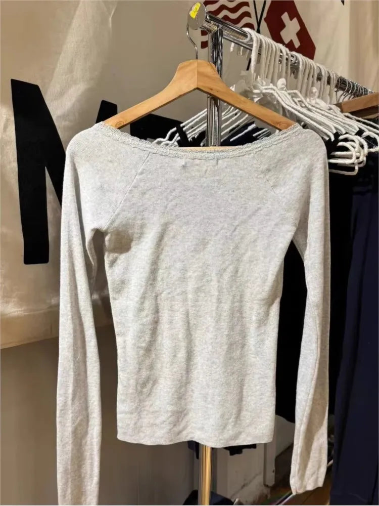 Sweet Lace Trim V-neck T-shirts Women Sexy Streetwear Light Grey Cotton Slim Long Sleeve Tees Female Casual Simple Basic Tshirt