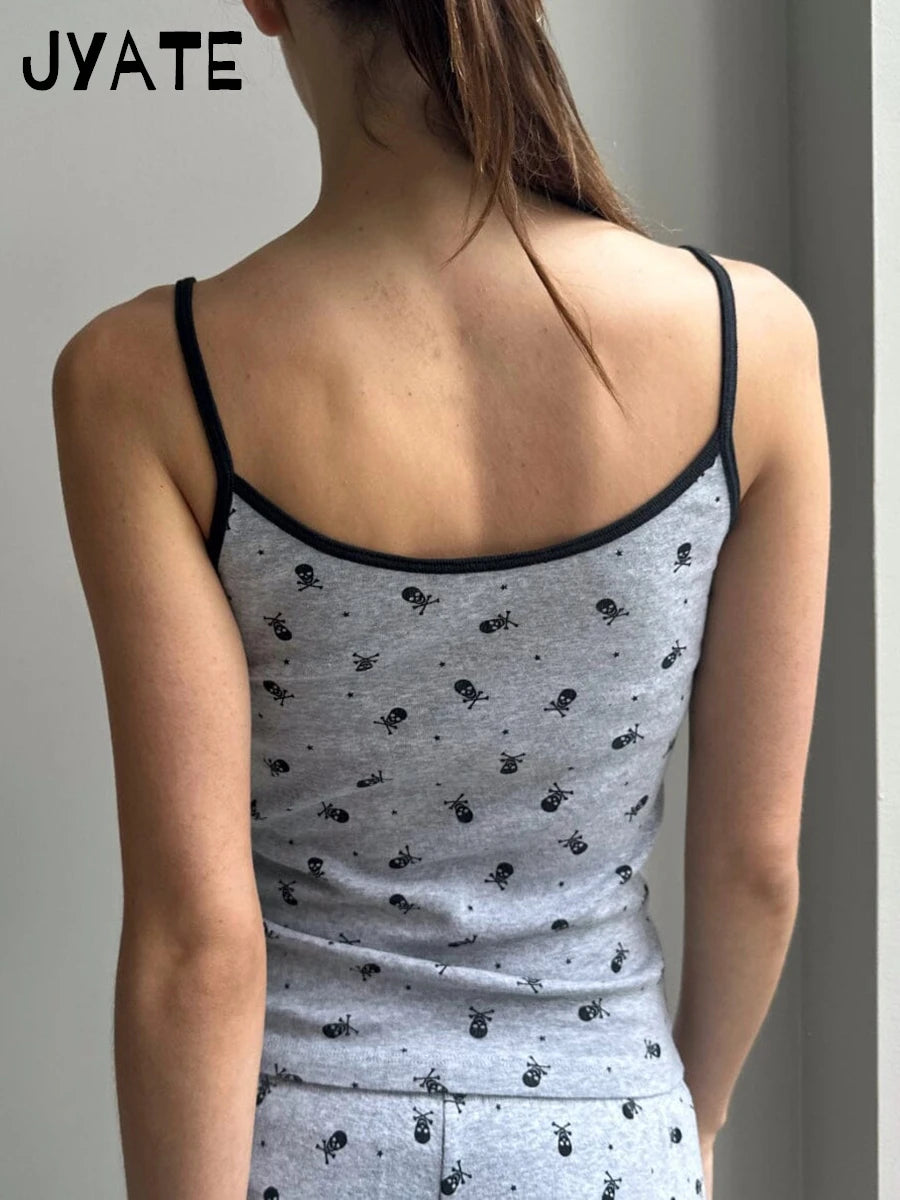 Harajuku Skull Print Patchwork Sleeveless Vests Women New Cotton Casual Streetwear Cute Tank Tops Vintage Chic Slim Camisole Y2K