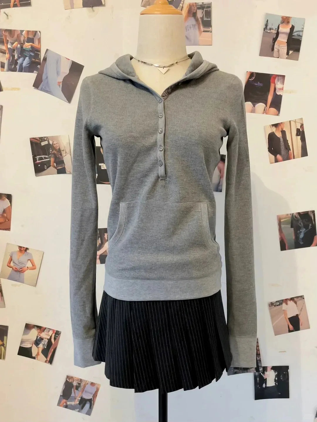 New Waffle Hooded T-shirt Women Casual Button Cotton Slim Long Sleeve Tee Shirt Vintage American Preppy Style Tshirt Y2k