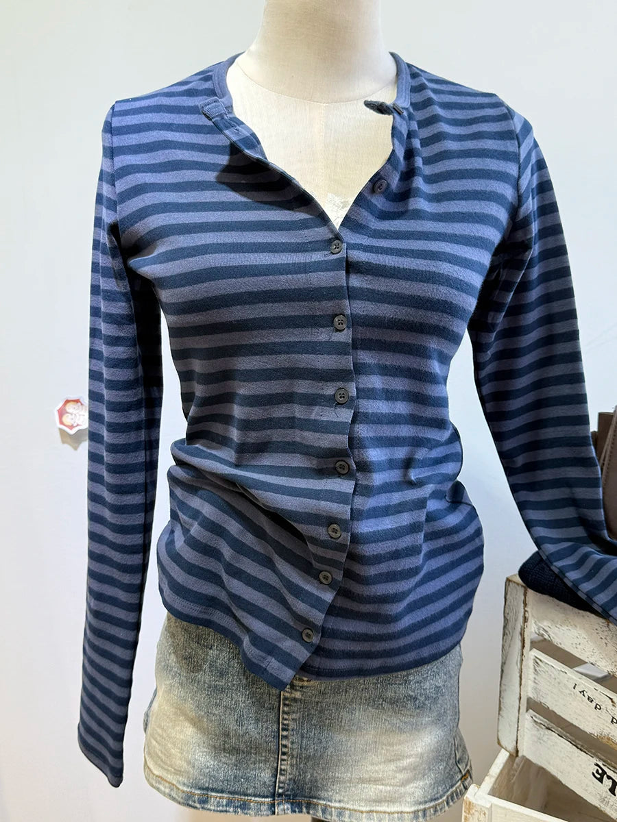 Gray Striped Eyelet Slim T-shirt Women Preppy Style O-neck Single Breasted Cotton Long Sleeve Tee Shirts Cute Vintage Sweet Tops