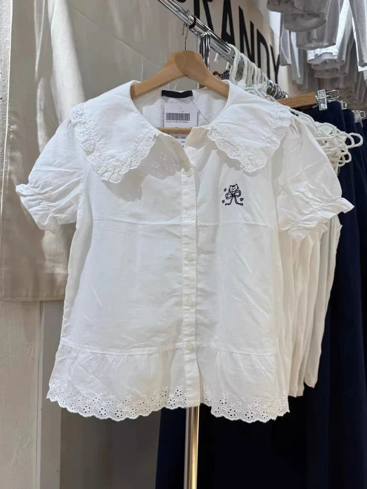 Cute Pink Plaid Peter Pan Collar Blouse Women New Casual Streetwear Buttons Short Sleeve Tee Sweet Preppy Style T-shirts Y2K Top