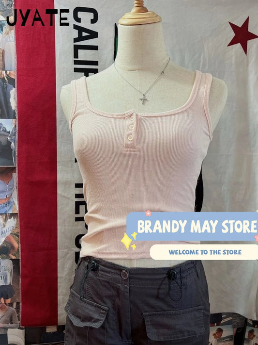 Sweet Pink Ribbed Cotton Tank Tops Women Summer New Casual Simple U Collar Slim Cropped Vests Vintage Chic Basic Camisole Y2K