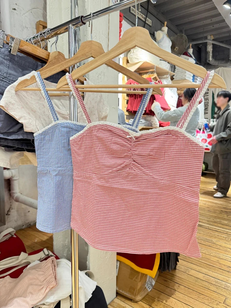 Pink Plaid Lace Trim Slim Tank Tops Woman Summer Cute Bow Folds Strapless Camisole Female Casual Vintage Sweet Vest Y2K Top New
