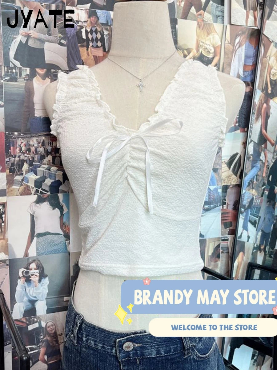 Harajuku Folds Ruffles V-neck Solid Crop Tops Women New Casual Slim Retro Bow Sleeveless Vests Vintage Chic Sweet Tank Tops Y2K