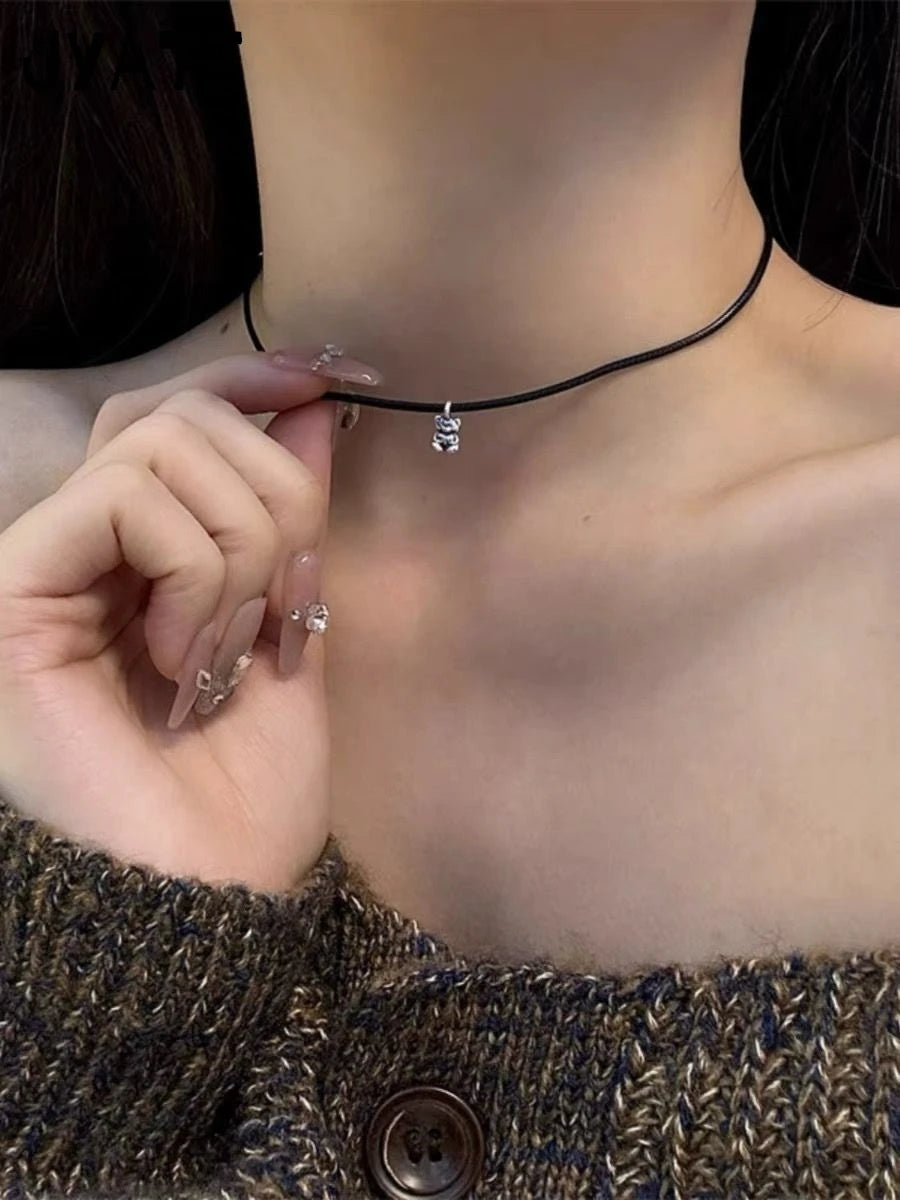 Little Bear Plated Silver Pendant Necklace Girl New Streetwear Harajuku Punk Charms Jewelry Chains Women Vintage Cute Choker Y2K